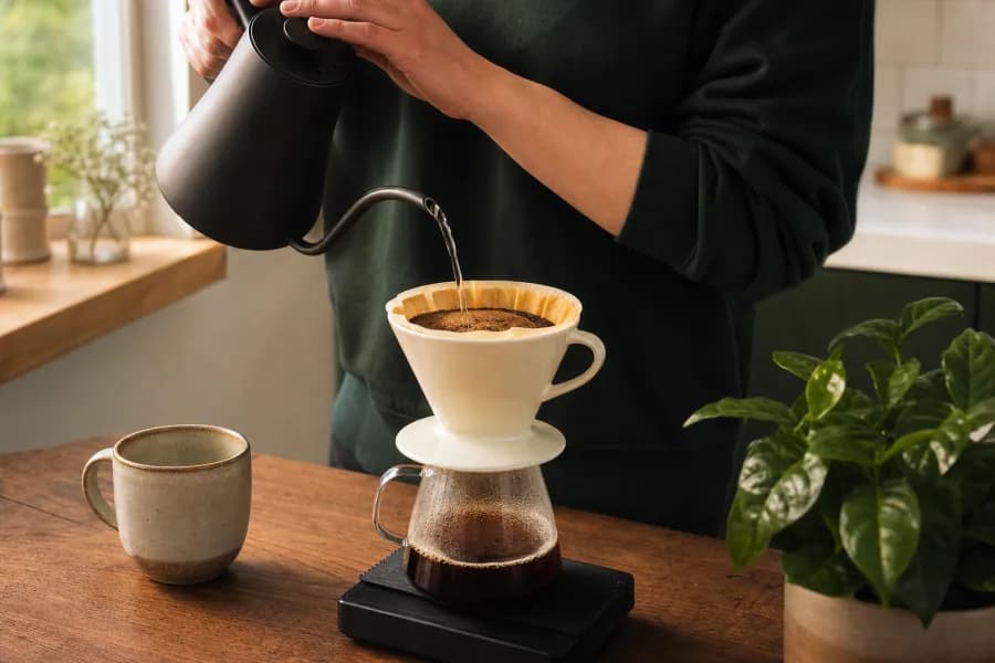 Seseorang menuang air ke dripper V60 di rumah