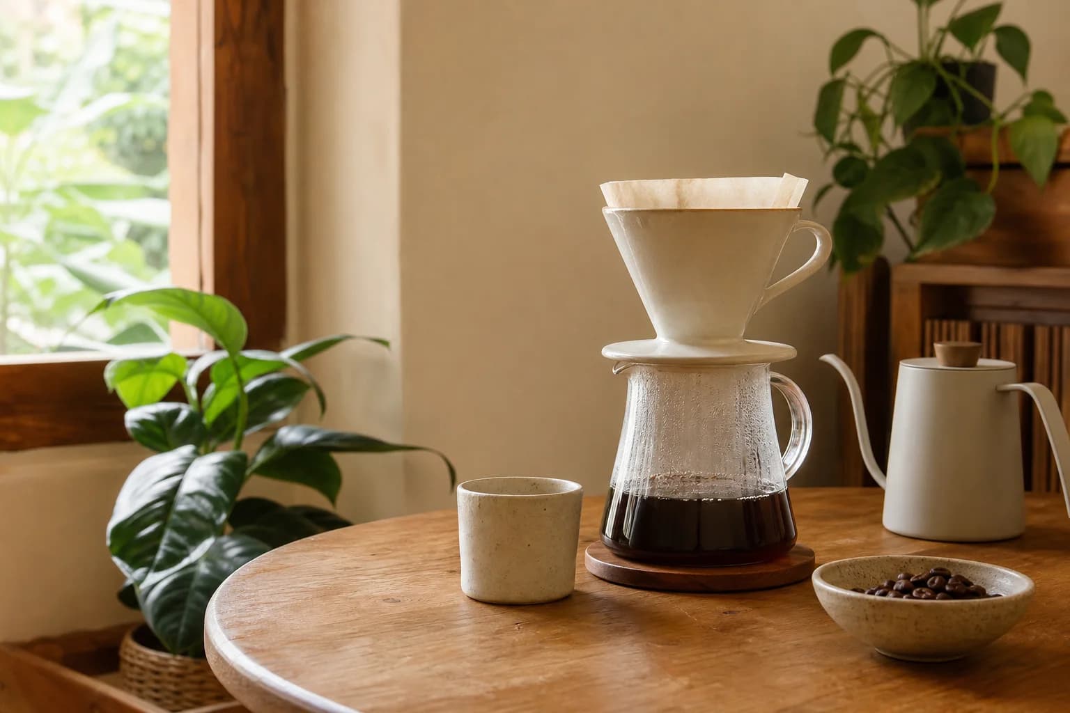 Peralatan seduh kopi di meja kayu dengan cahaya pagi